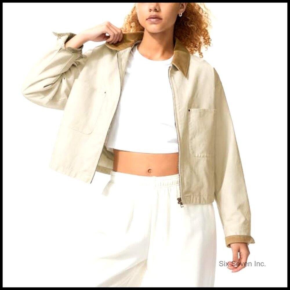 Cropped Bomber Jacket Corduroy Collar Lightweight Utility Zip Up Workwear Chic - Picture 3 of 7
